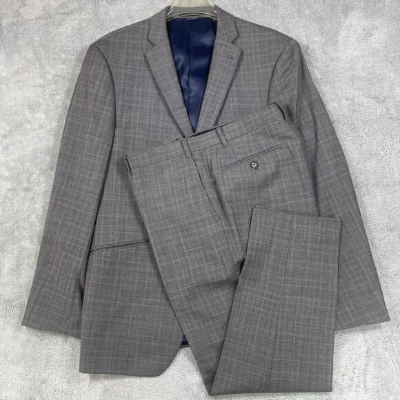 Indochino Luxury 2-Piece Suit Set Mens 38S 36x27 Grey Plaid Wool Single Breasted